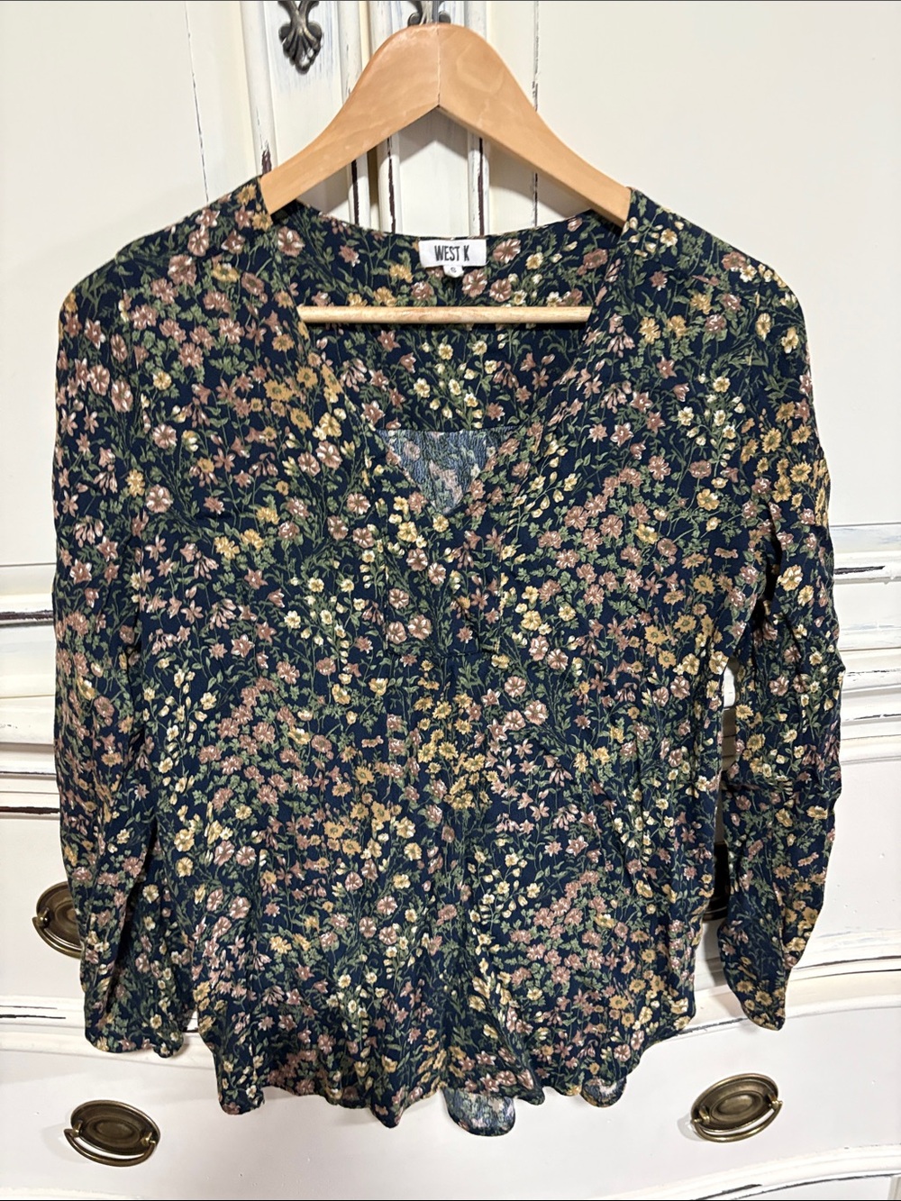 West K Navy Floral V-Neck Blouse with Pink & Yellow Flowers
